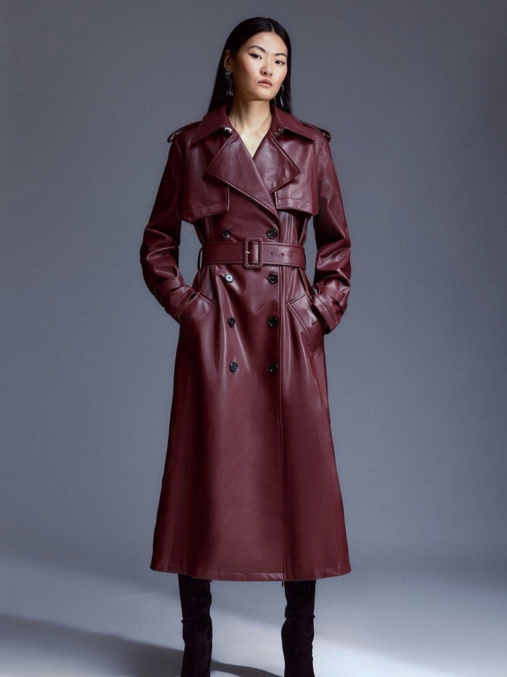 Karen Millen Tailored Faux Leather Belted Trench Coat-Oxblood